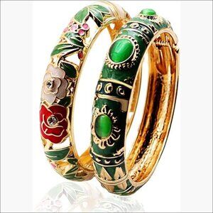 Gold Plated Bangle Bracelet with Enamel Floral Design Spring Hinge Clasp